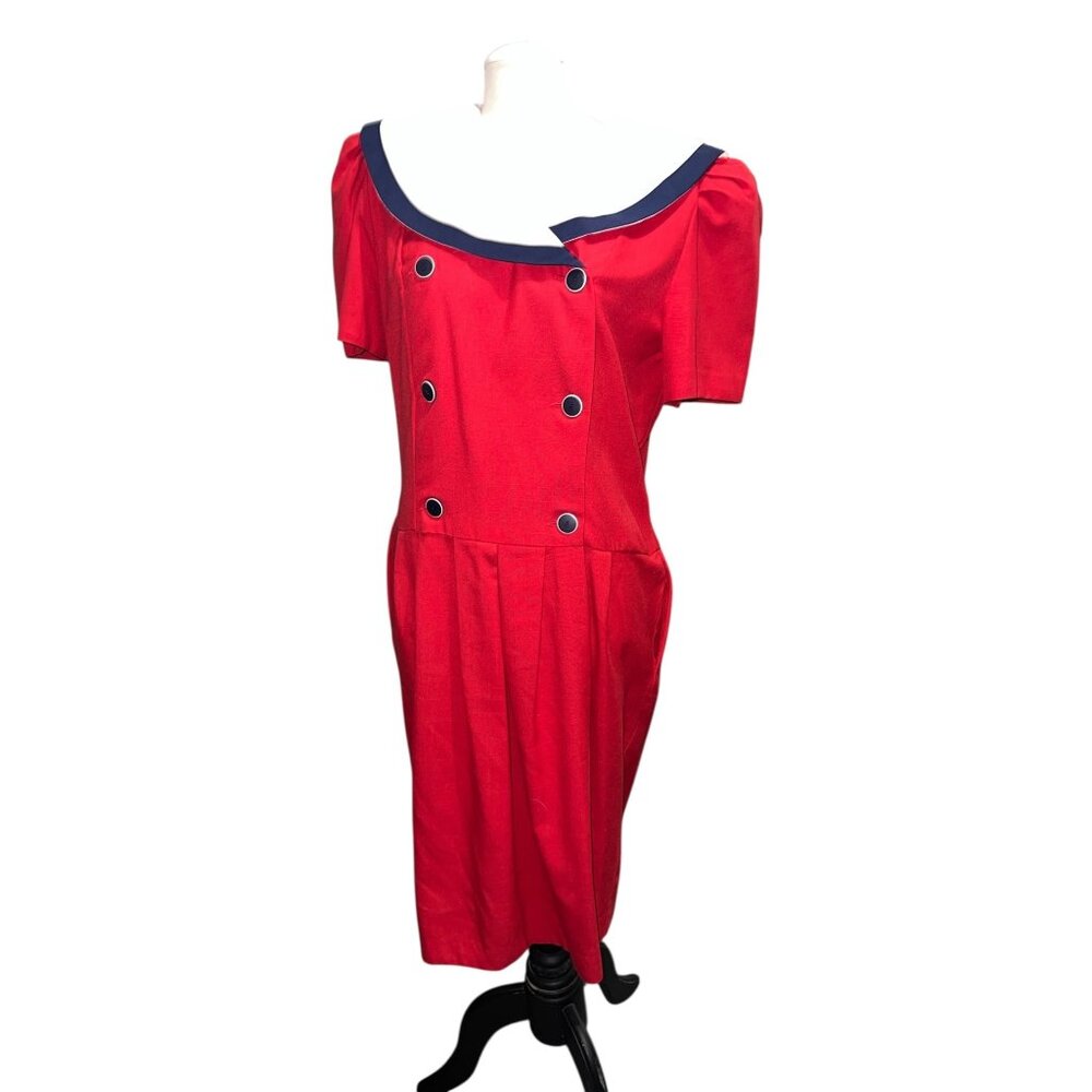 Vintage 80s Halmode Wide Collared Double Button Front Short Sleeve Midi Dress Sz